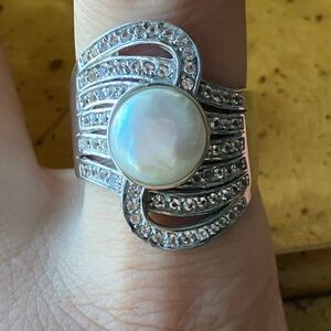 White Cultured Freshwater Pearl White Topaz Sterling Silver Ring Size 9